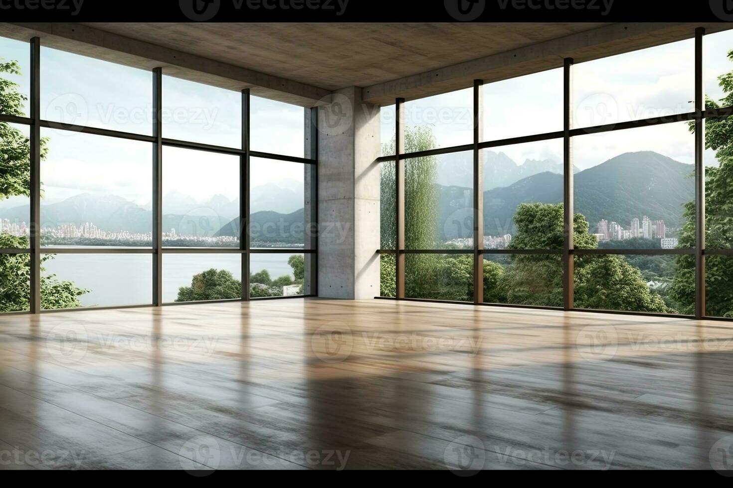 Empty room with panoramic window and mountain view. Generative AI photo