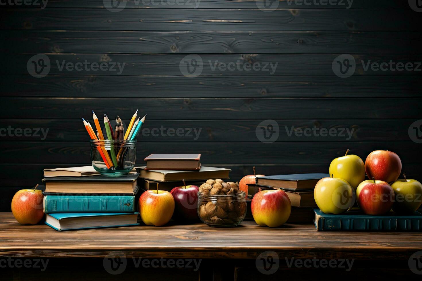 Bookshelf and vintage writing desk with books and decorations on black background. Generative AI photo