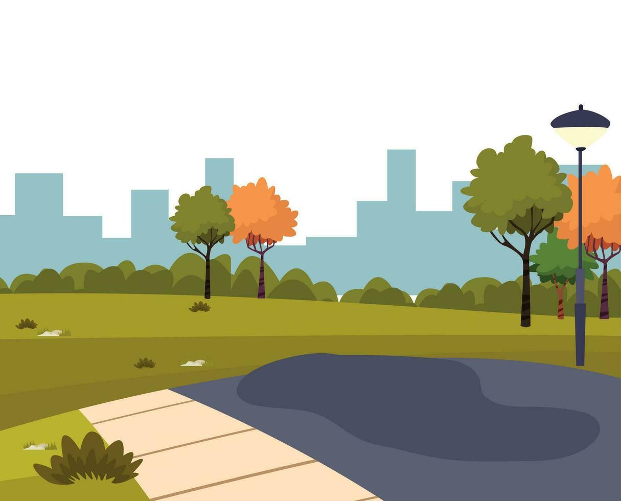 Ilustración del parque de la ciudad para personas que hacen deporte, se relajan, juegan o se recrean con árboles verdes y césped. paisaje urbano fondo vector