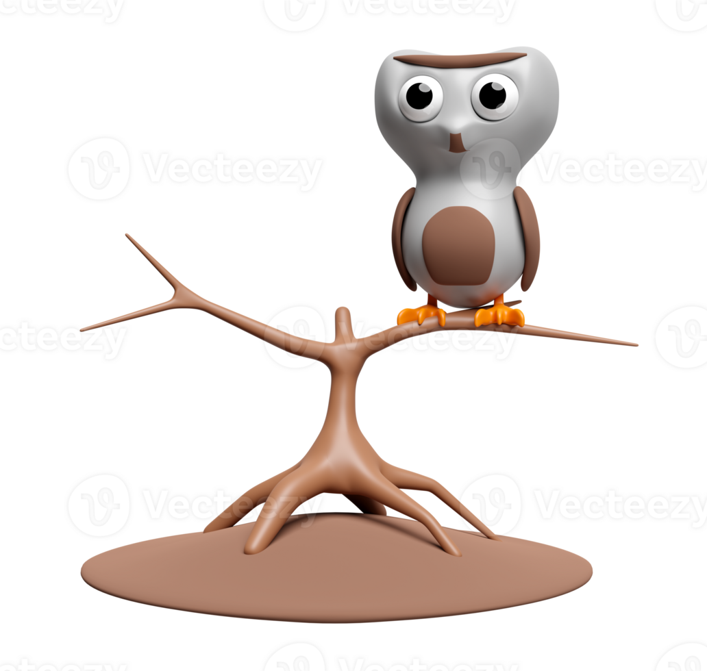 3d halloween day concept with cute owl perched on branch isolated. holiday party, 3d render illustration png