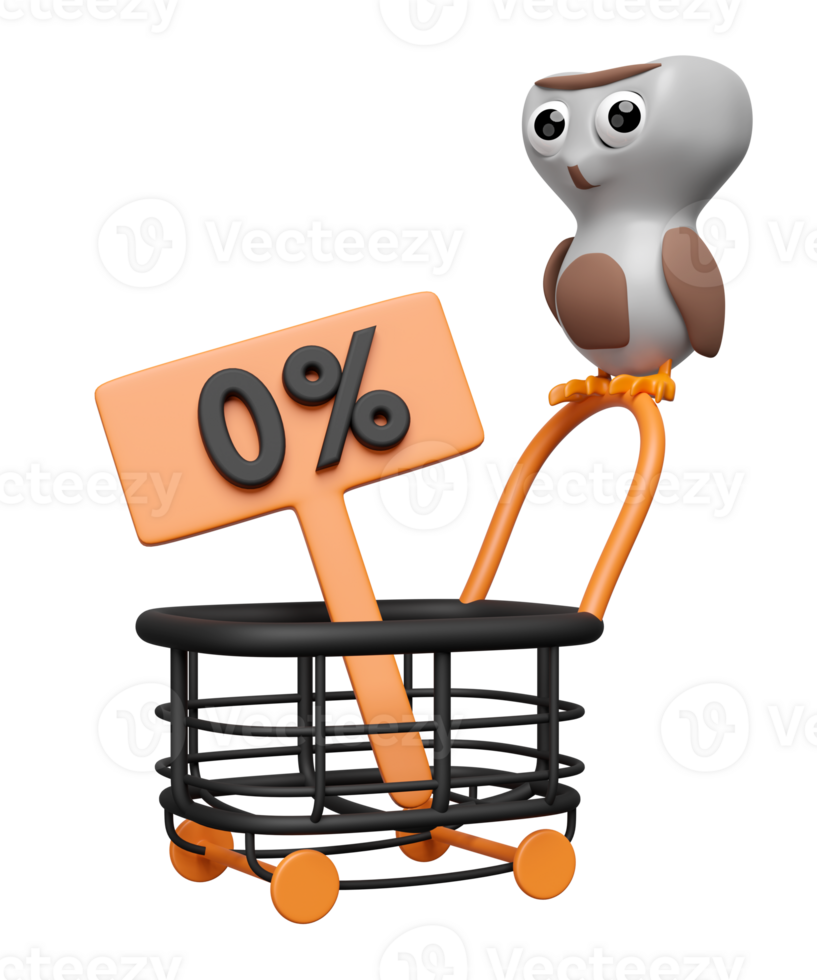 3d halloween day concept with cute owl perched on shopping carts, discount sign isolated. holiday party, 3d render illustration png