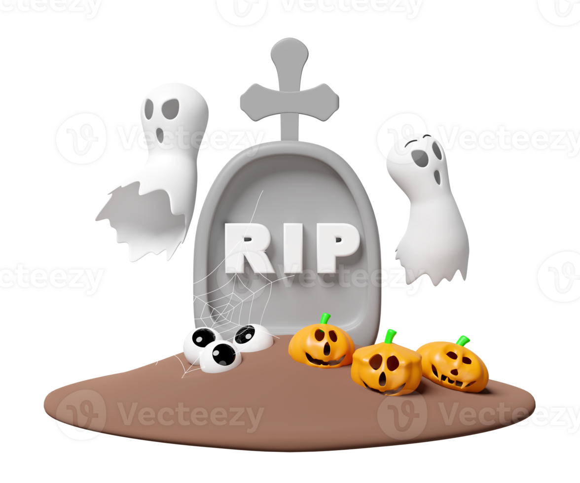 3d halloween dag begrepp med söt spöke, kyrkogård, pumpa, öga, vila i frid grav markör, korsa isolerat. Semester fest, 3d framställa illustration png