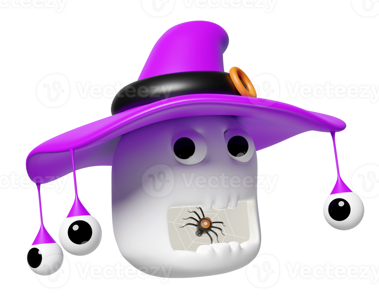 3d halloween holiday party with spider and spider web in mouth skull, witch hat isolated. 3d render illustration png
