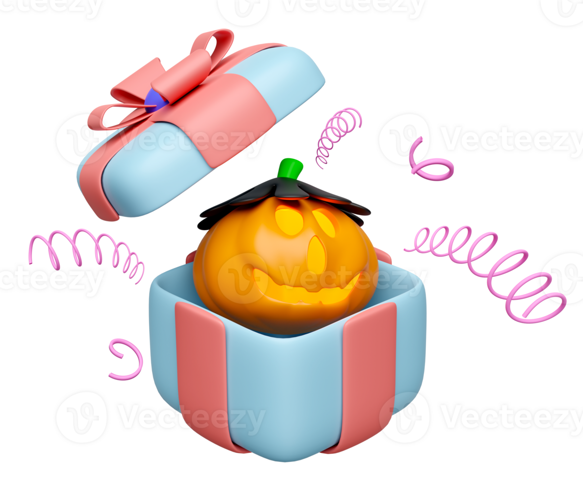 3d halloween holiday party with pumpkin, hat, explosion firecracker gift box isolated. 3d render illustration png