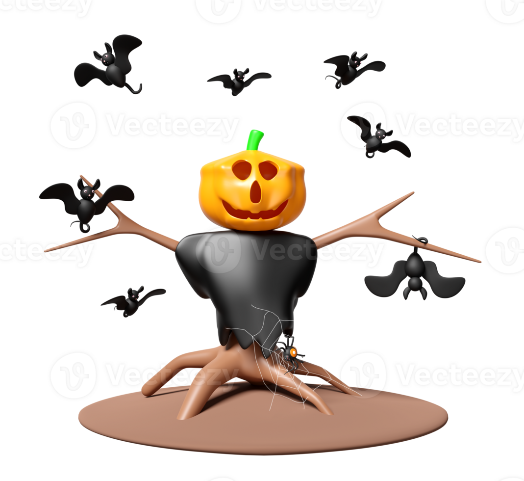 3d halloween scarecrow with bats, pumpkin head isolated. halloween day, holiday party, 3d render illustration png