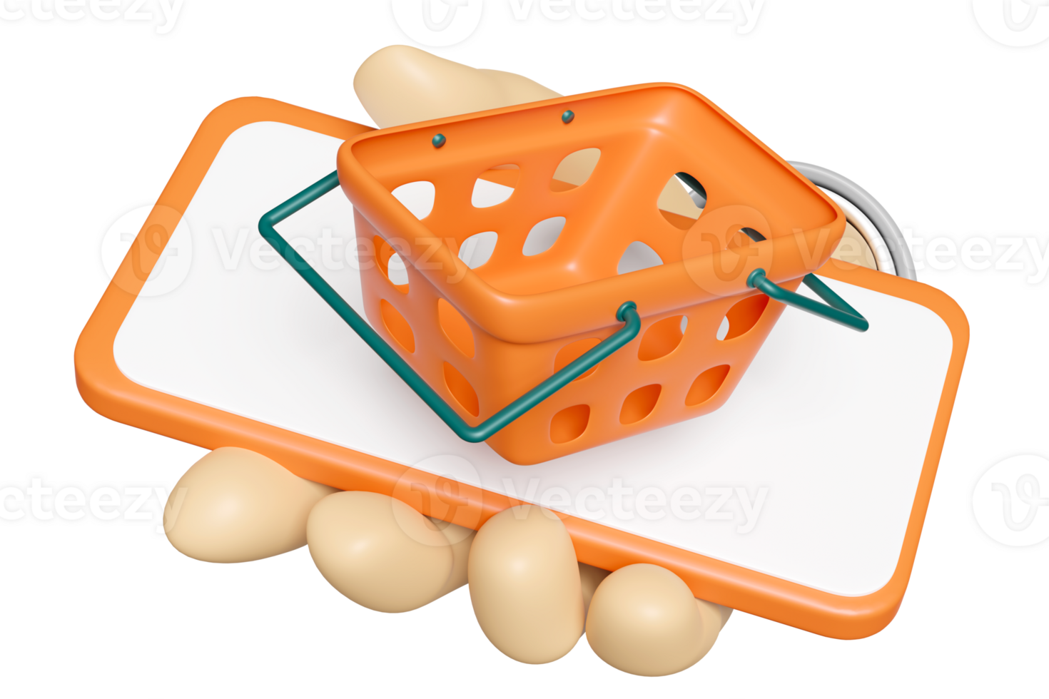 3d hand holding smartphone with orange basket isolated. hand using mobile phone, online shopping, minimal concept, 3d render illustration png