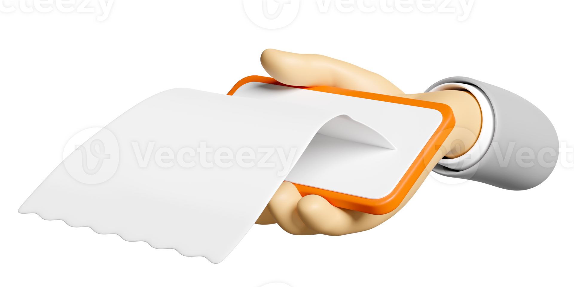 3d hand holding smartphone with bill receipt paper icons isolated. hand using mobile phone, invoice, electronic bill, minimal concept, 3d render illustration png