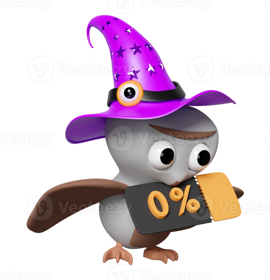 3d halloween day with flying cute owl wearing a witch hat holds a discount coupon isolated. marketing promotion bonuses concept, 3d render illustration png