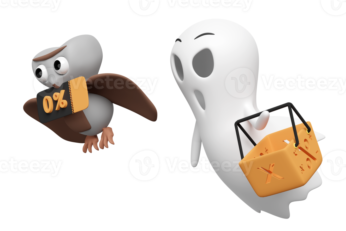 3d halloween day with cute ghost holding basket, flying cute owl holding price tags coupon isolated. marketing promotion bonuses concept, 3d render illustration png