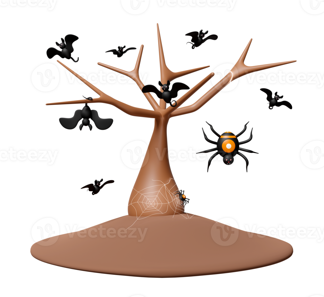 3d halloween holiday party with tree dead, bats fly and cling to branches, spider and spider web isolated. 3d render illustration png