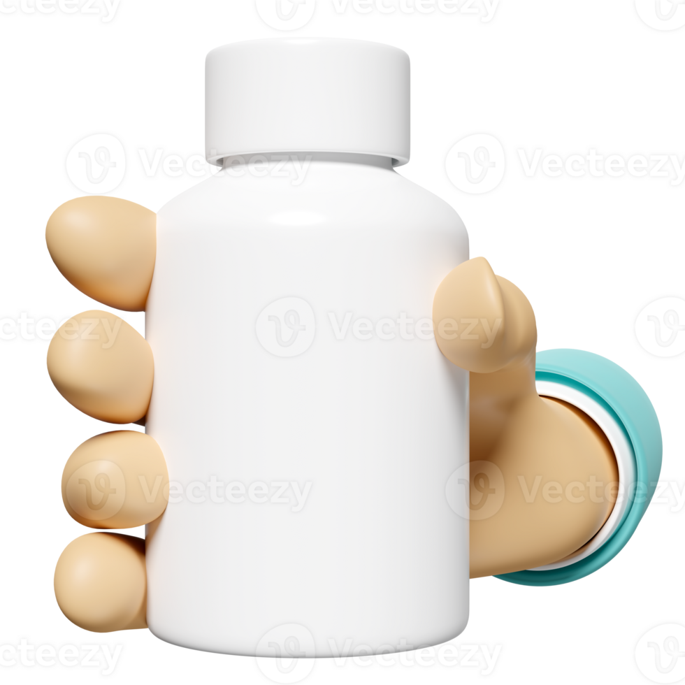 3d hand holding white pill bottle isolated. mock up template concept, 3d render illustration png