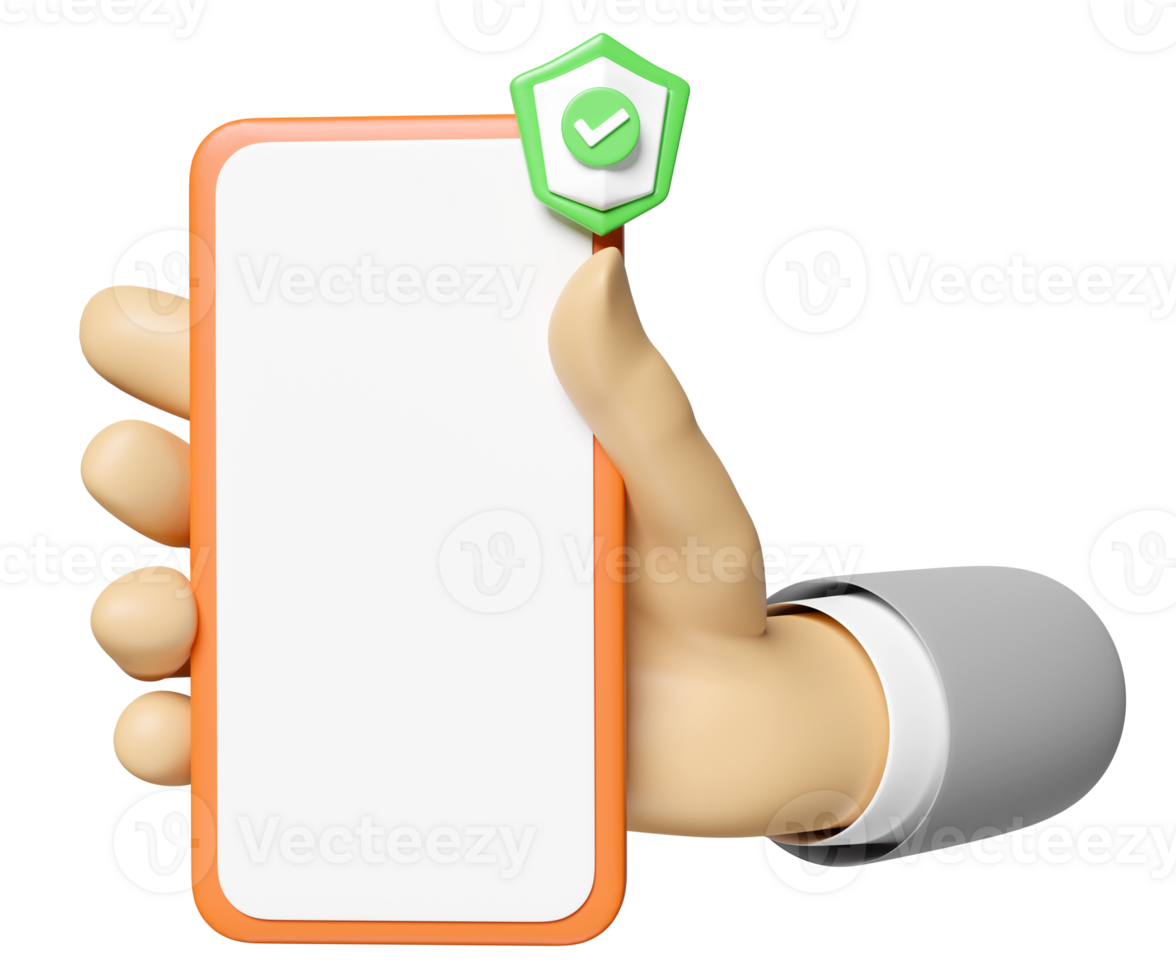 3d businessman hand hold mobile phone or smartphone with green shield check isolated. Internet security or privacy protection, ransomware protect concept, 3d render illustration png