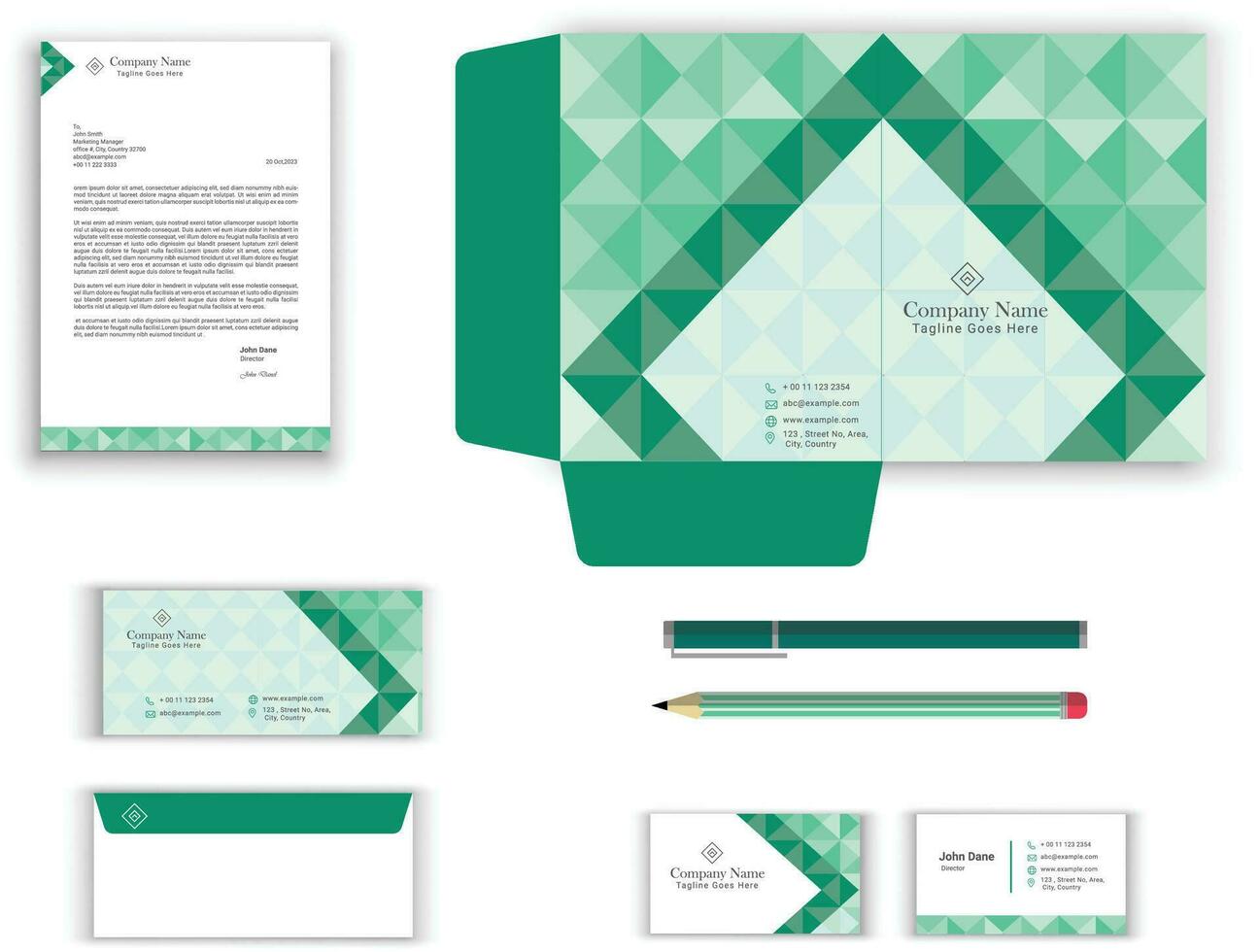 stationery set for business office vector design with letterhead, envelope, presentation folder, business card with qr code, blue stationary set template