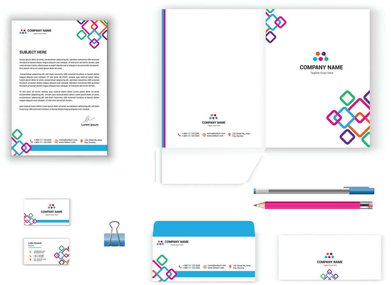 stationery set for business office vector design with letterhead, envelope, presentation folder, business card geometrical design stationary set