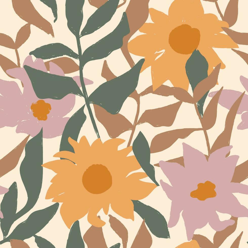 Seamless floral pattern with abstract flowers and leaves in autumn colors. Hand drawn brush strokes style design vector