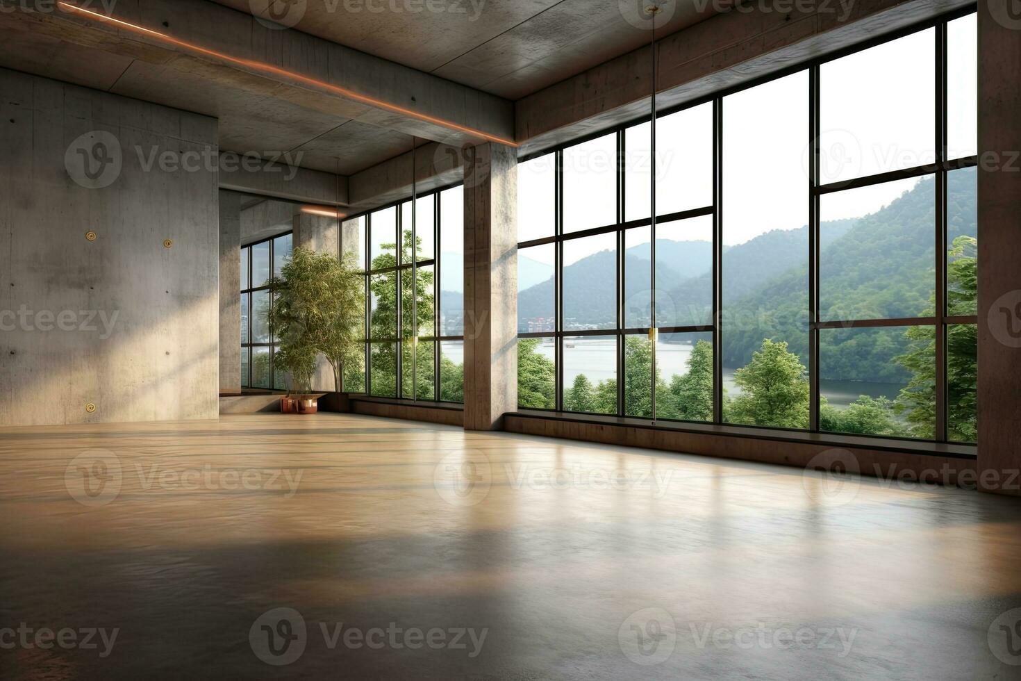 Empty room with panoramic window and mountain view. Generative AI photo