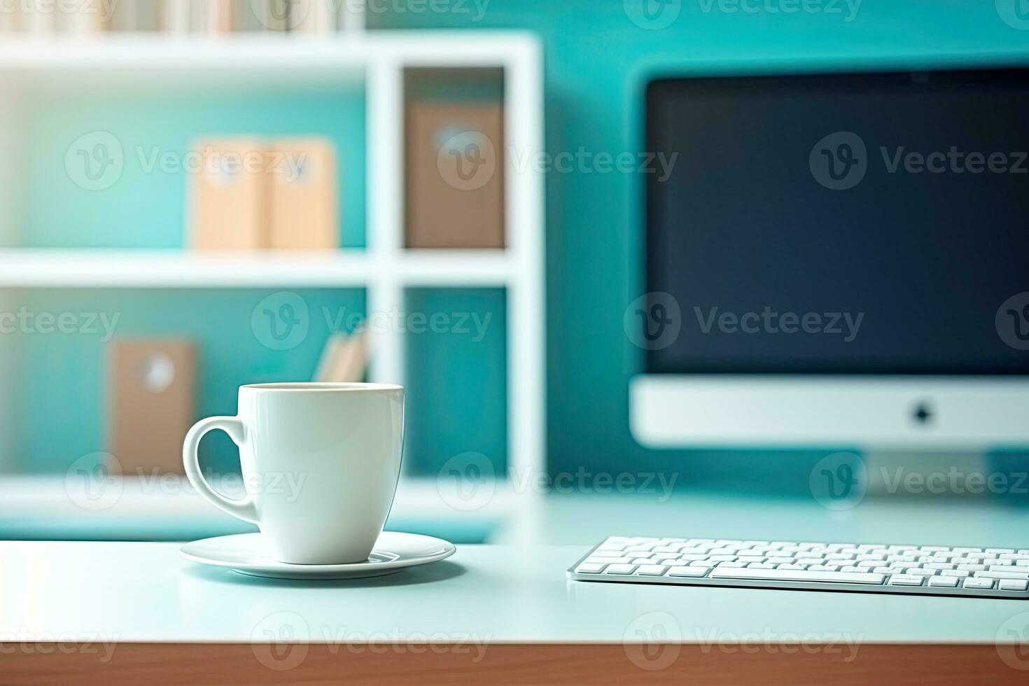 Office desk table with keyboard and coffee cup. Top view with copy space. Generative AI photo