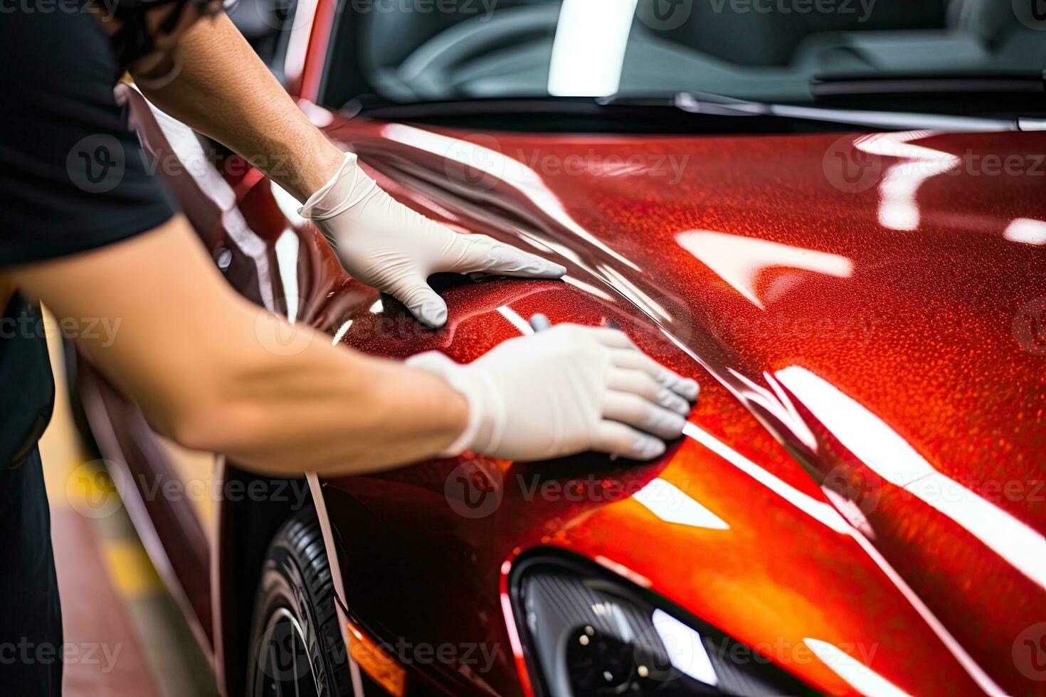 Close up of a auto body mechanic buffing a scratch on sports car. Generative AI photo