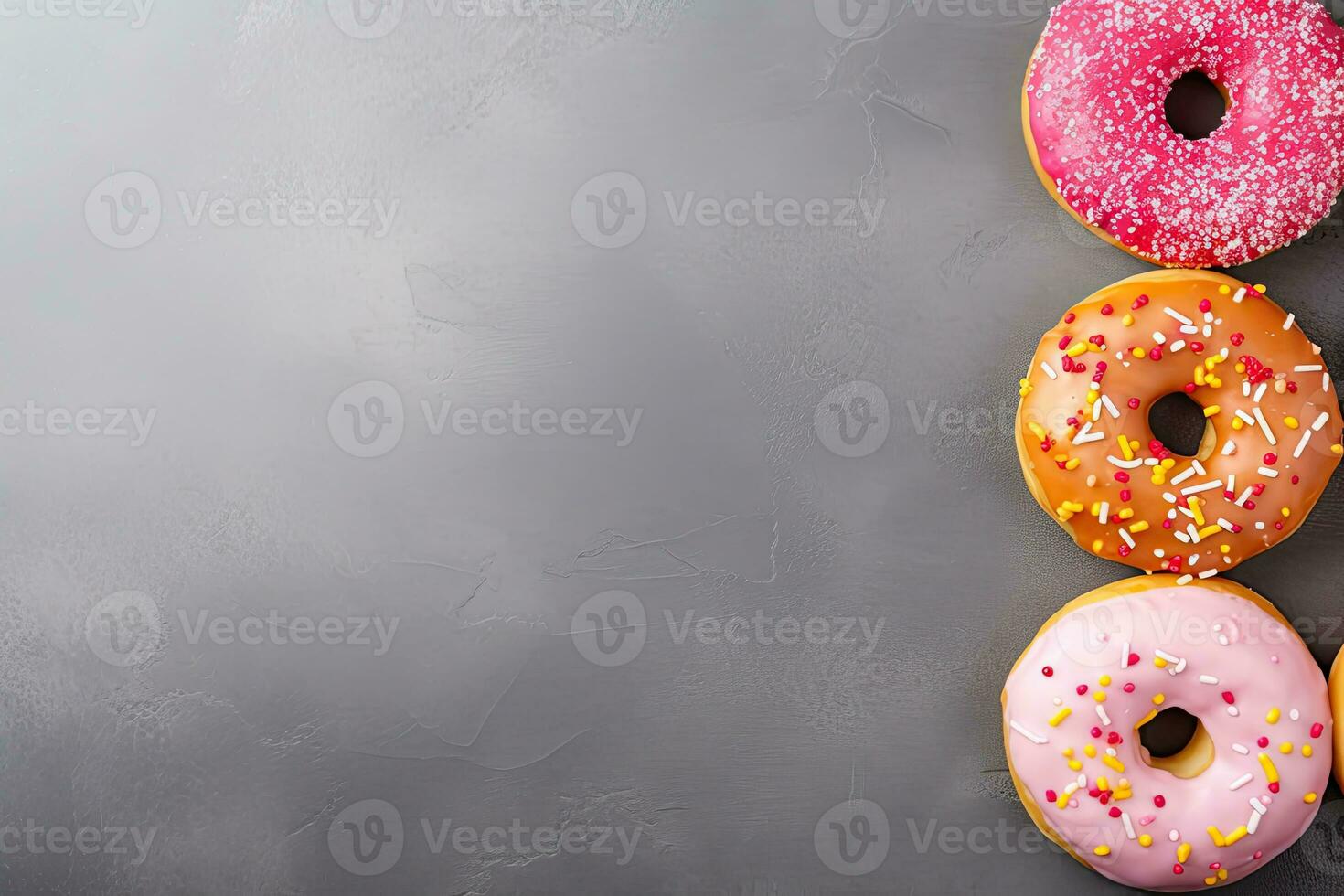 Colorful glazed donutsle background. Top view with copy space. Generative AI photo