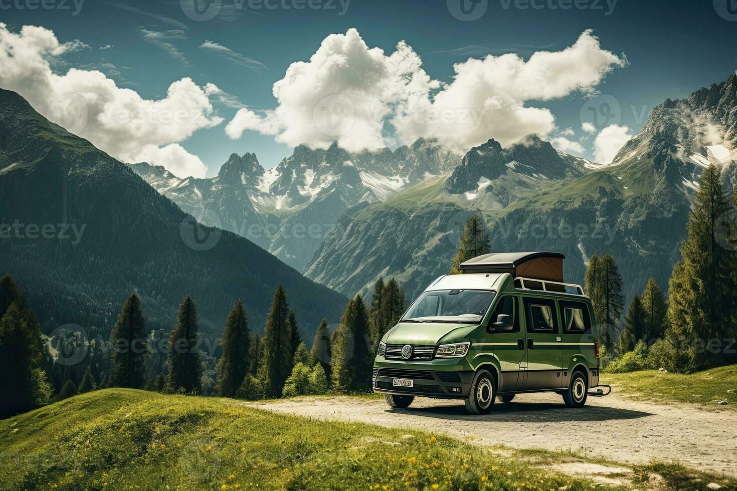 Camping in the mountains. Caravan car on the background of mountains. Generative AI photo