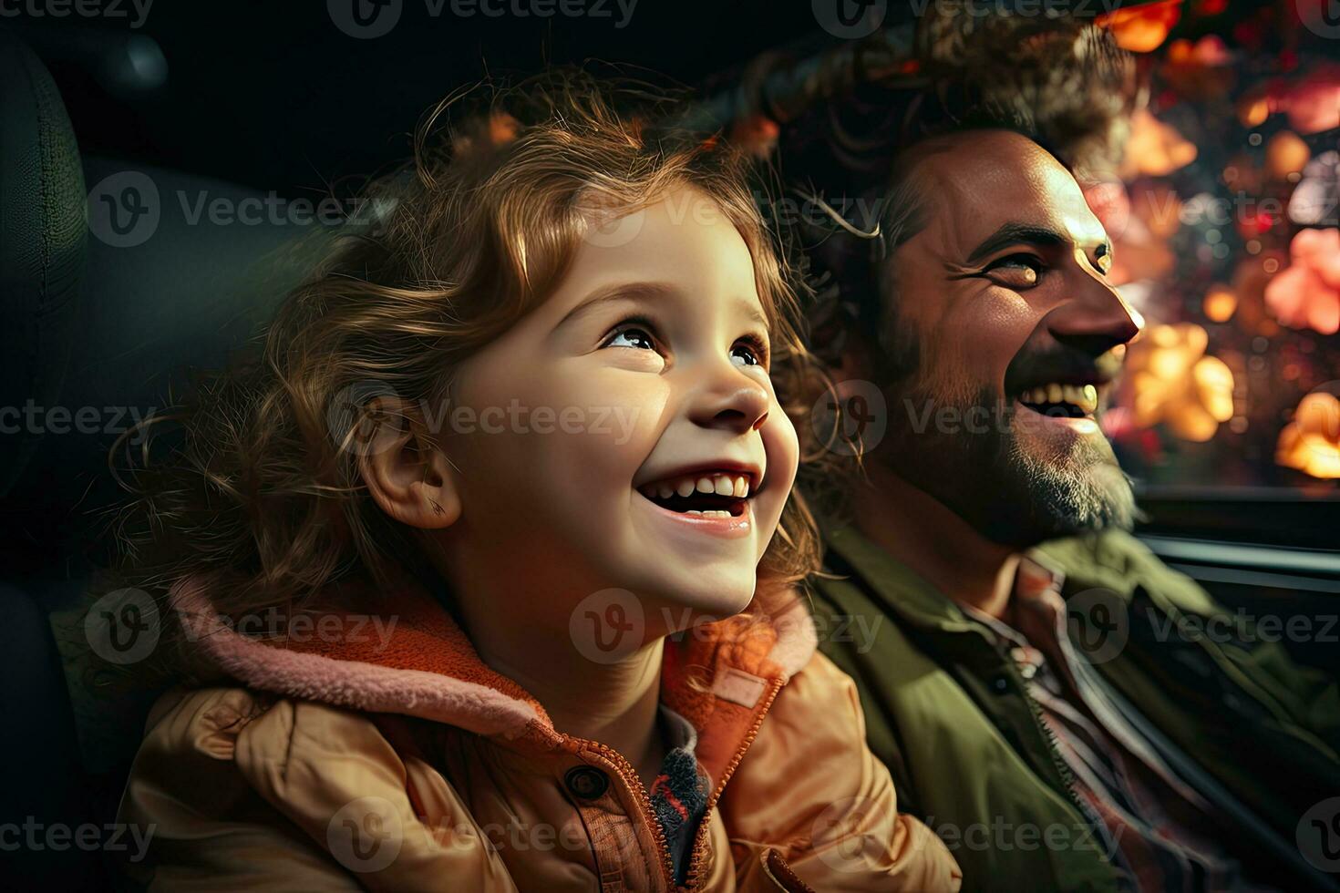 happy father and daughter looking at camera while sitting in backseat of car. Generative AI photo