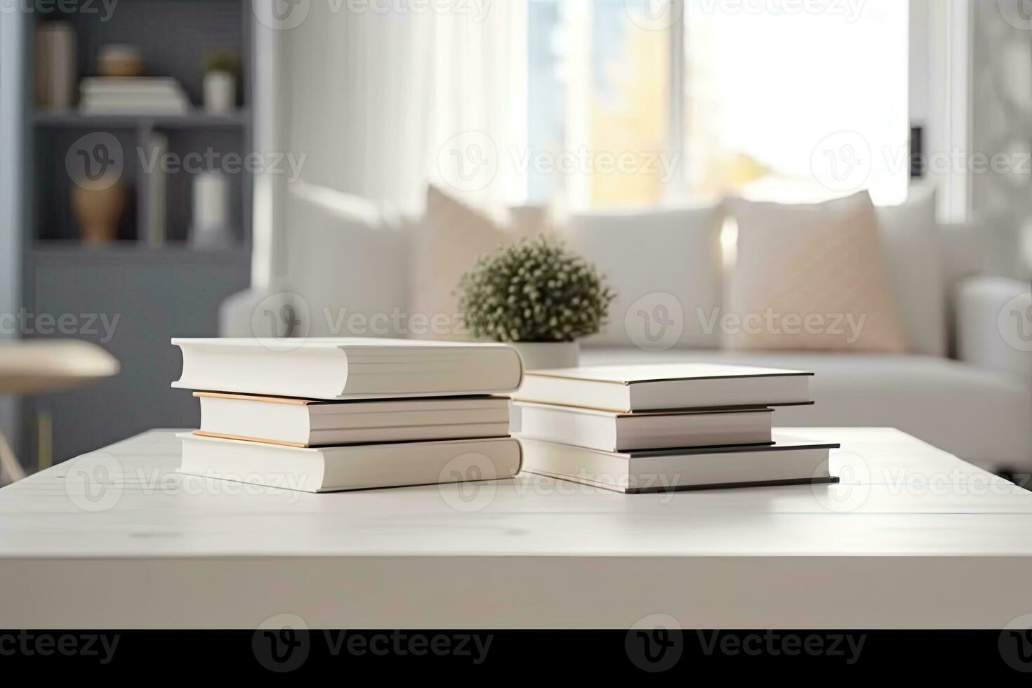 Close - up Modern white table top with free space to edit your product display with books above the living room blurred in the background. Generative AI photo