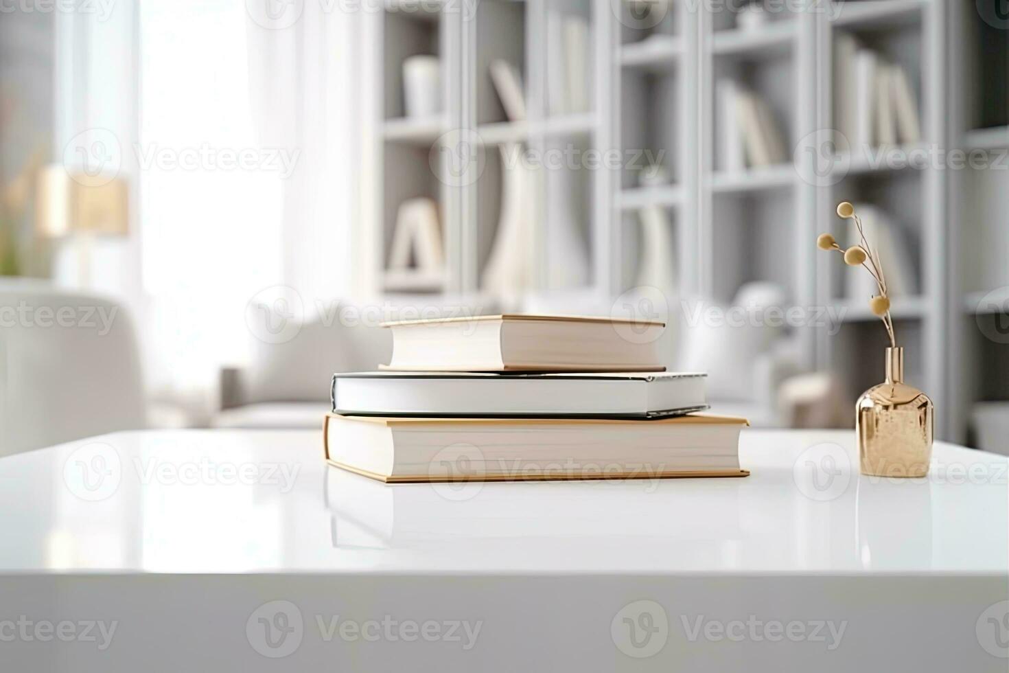 Close - up Modern white table top with free space to edit your product display with books above the living room blurred in the background. Generative AI photo