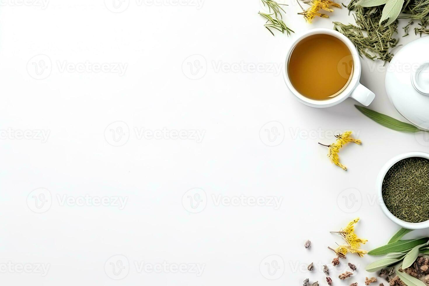 Green tea in a white teapot and cups on white background top view with copy space. Generative AI photo