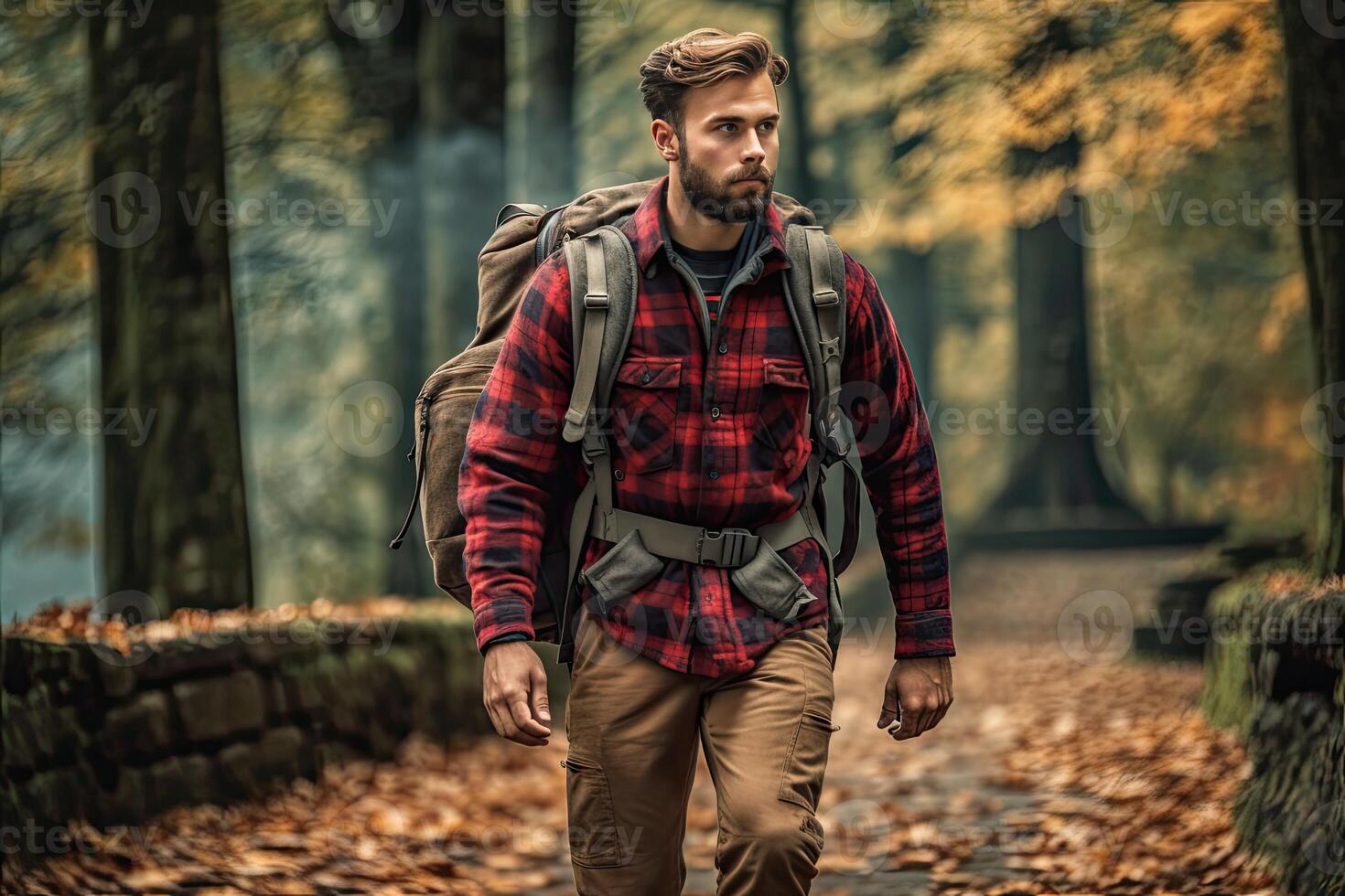 Handsome bearded man with backpack in the autumn forest. Travel and adventure concept. photo