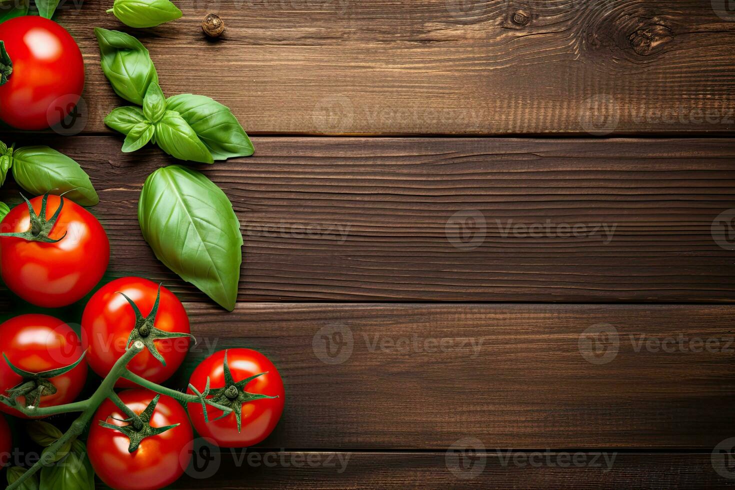 Fresh tomatoes and basil on a wooden table. Top view with copy space. Generative AI photo