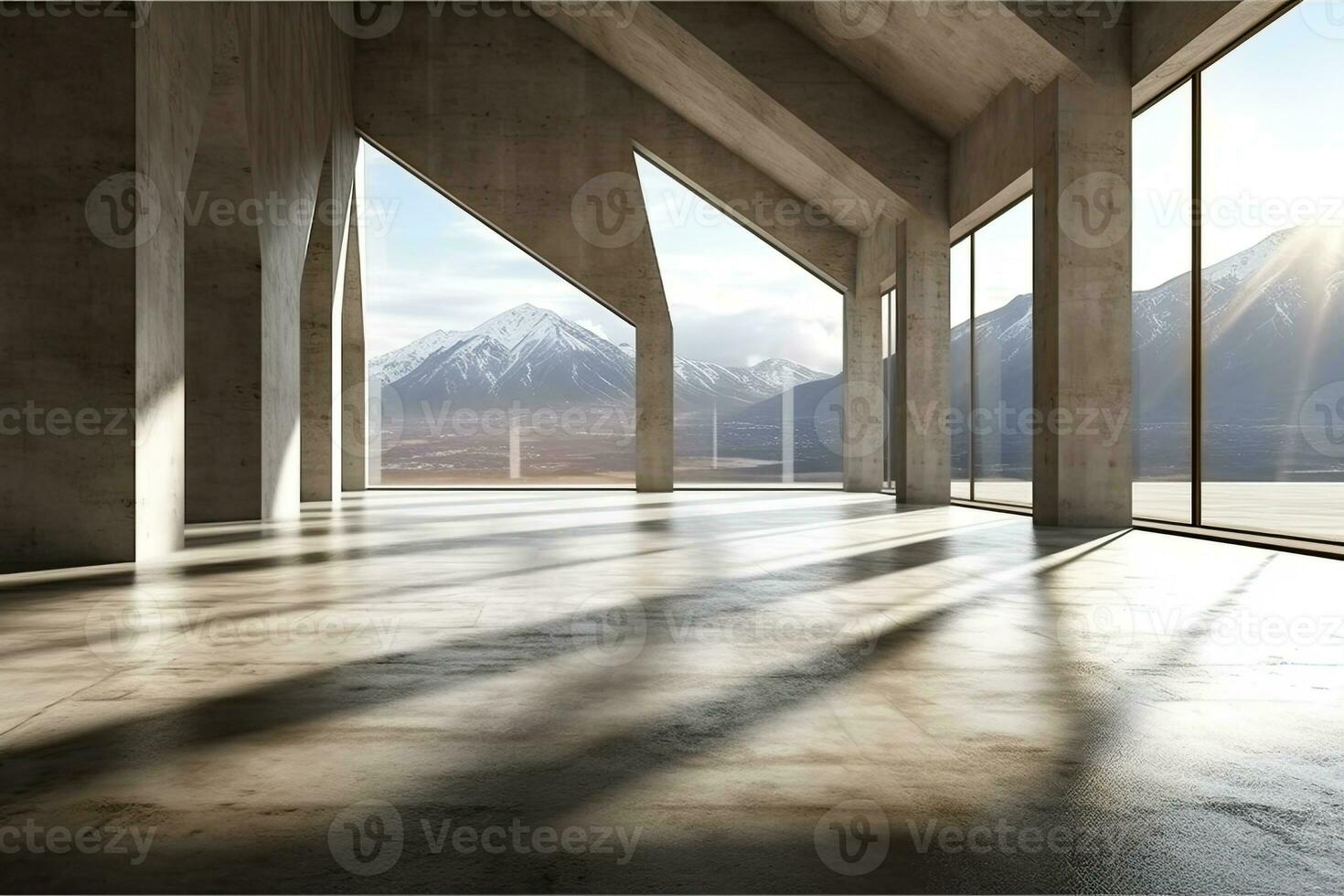 architecture empty room with window and mountain background with sunlight. Generative AI photo