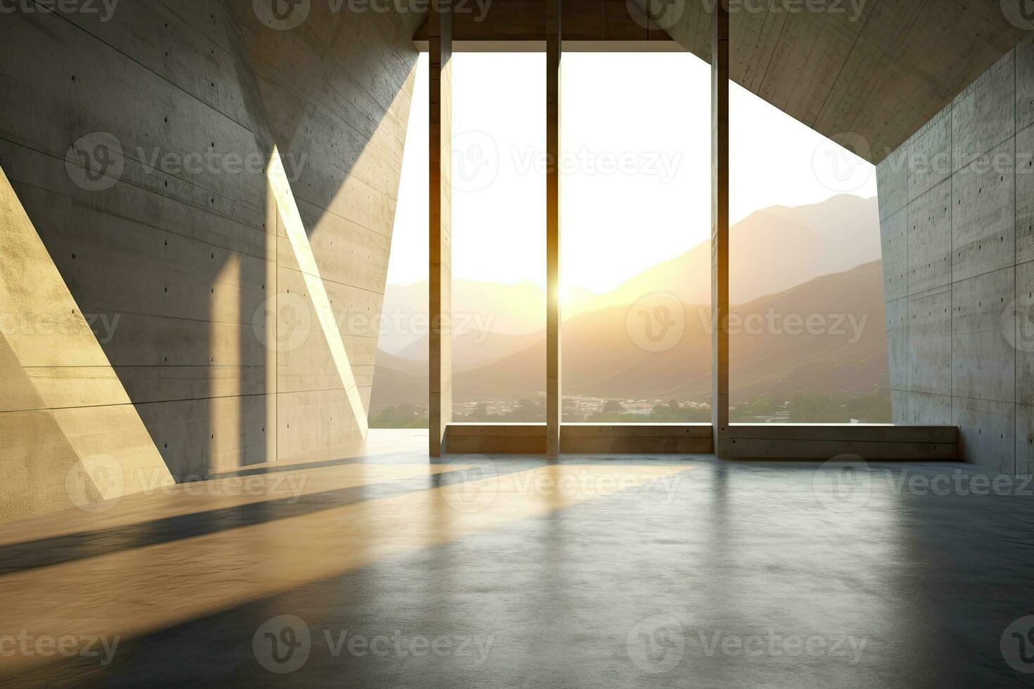architecture empty room with window and mountain background with sunlight. Generative AI photo