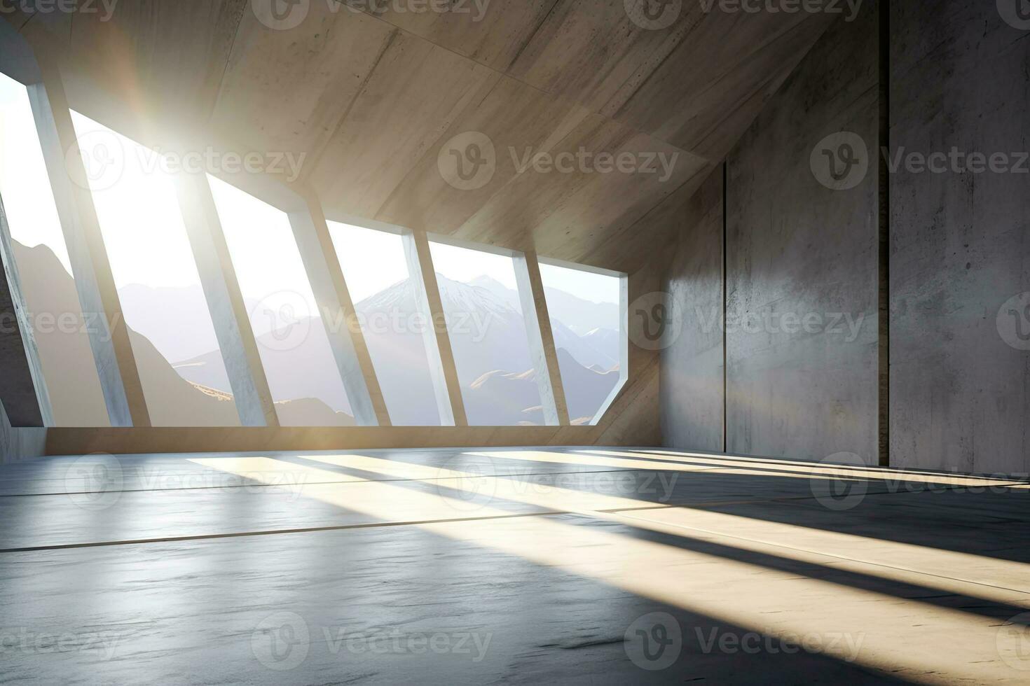 architecture empty room with window and mountain background with sunlight. Generative AI photo