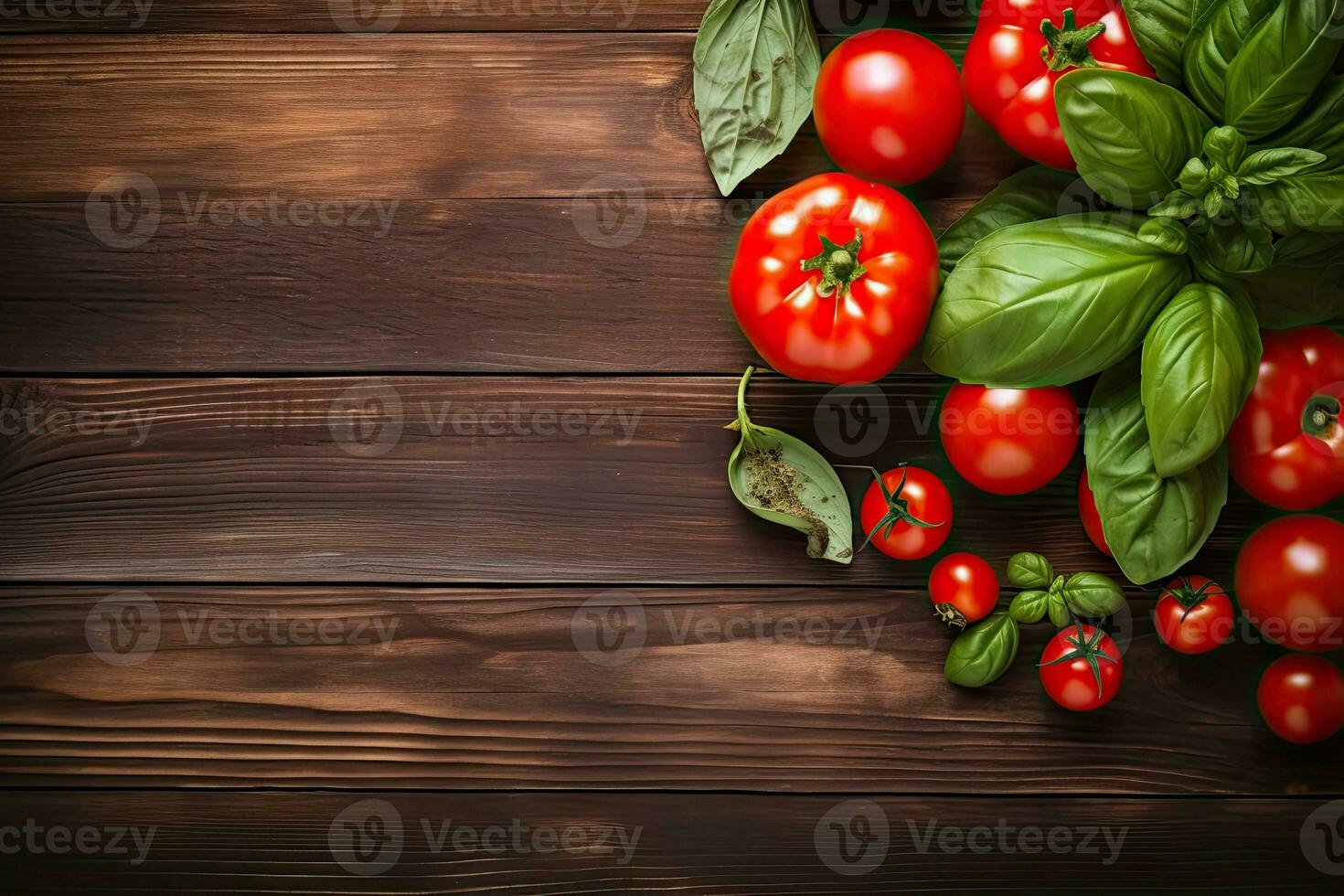 Fresh tomatoes and basil on a wooden table. Top view with copy space. Generative AI photo