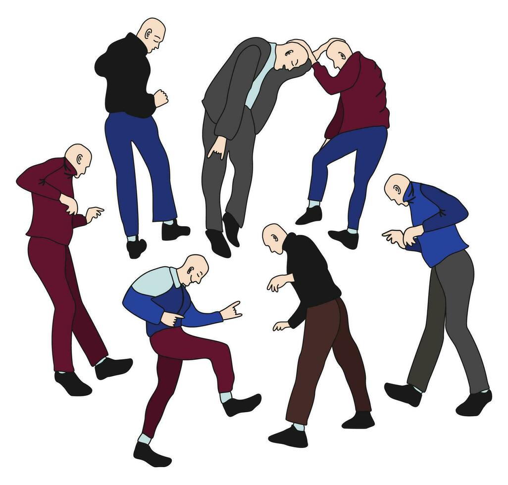 Gabbers dancing hakkuh dance. Gabba style. Men with shaved head in sweatpants and sneakers. Youth subculture comes from the 80-90s. Vector isolated illustration.