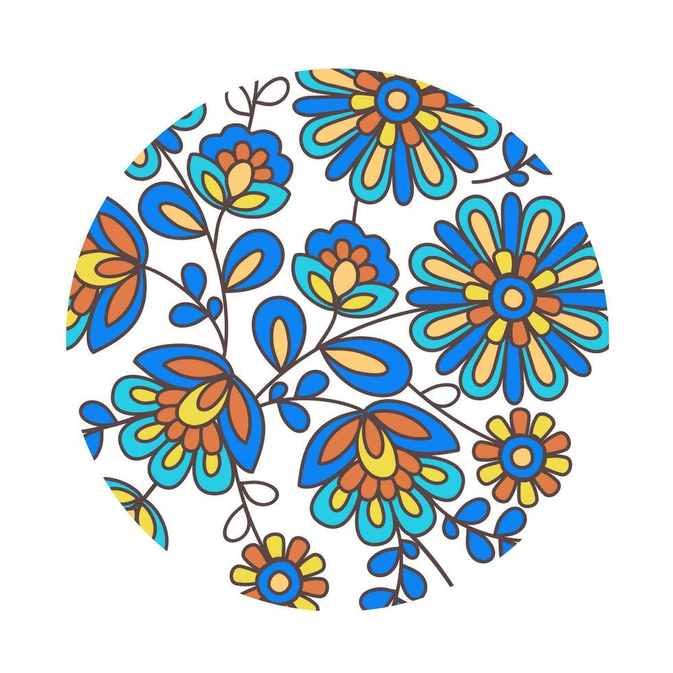 Slavic floral vector ornament in a circle. Bright blue and yellow flowers on white background