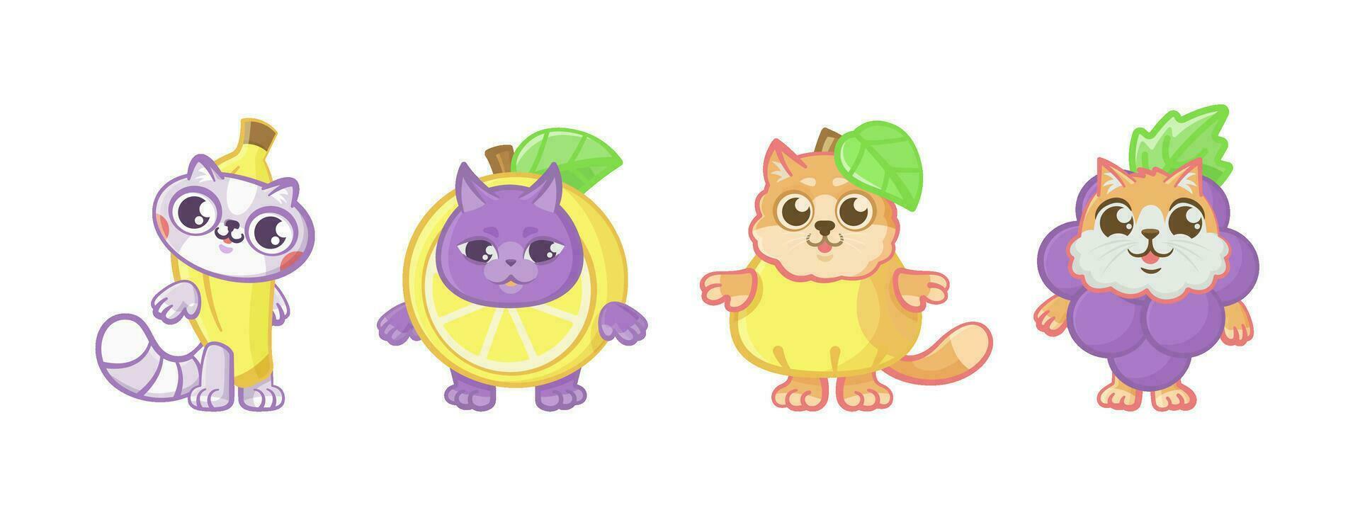 Set of cute happy cats in fruit costumes. vector