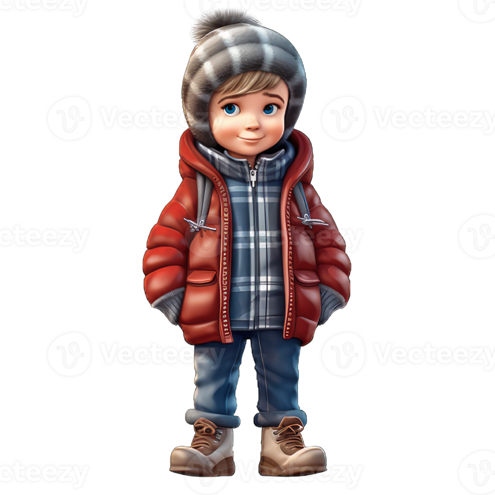3D cartoon character a cute little boy wear jacket, Isolated transparent background png