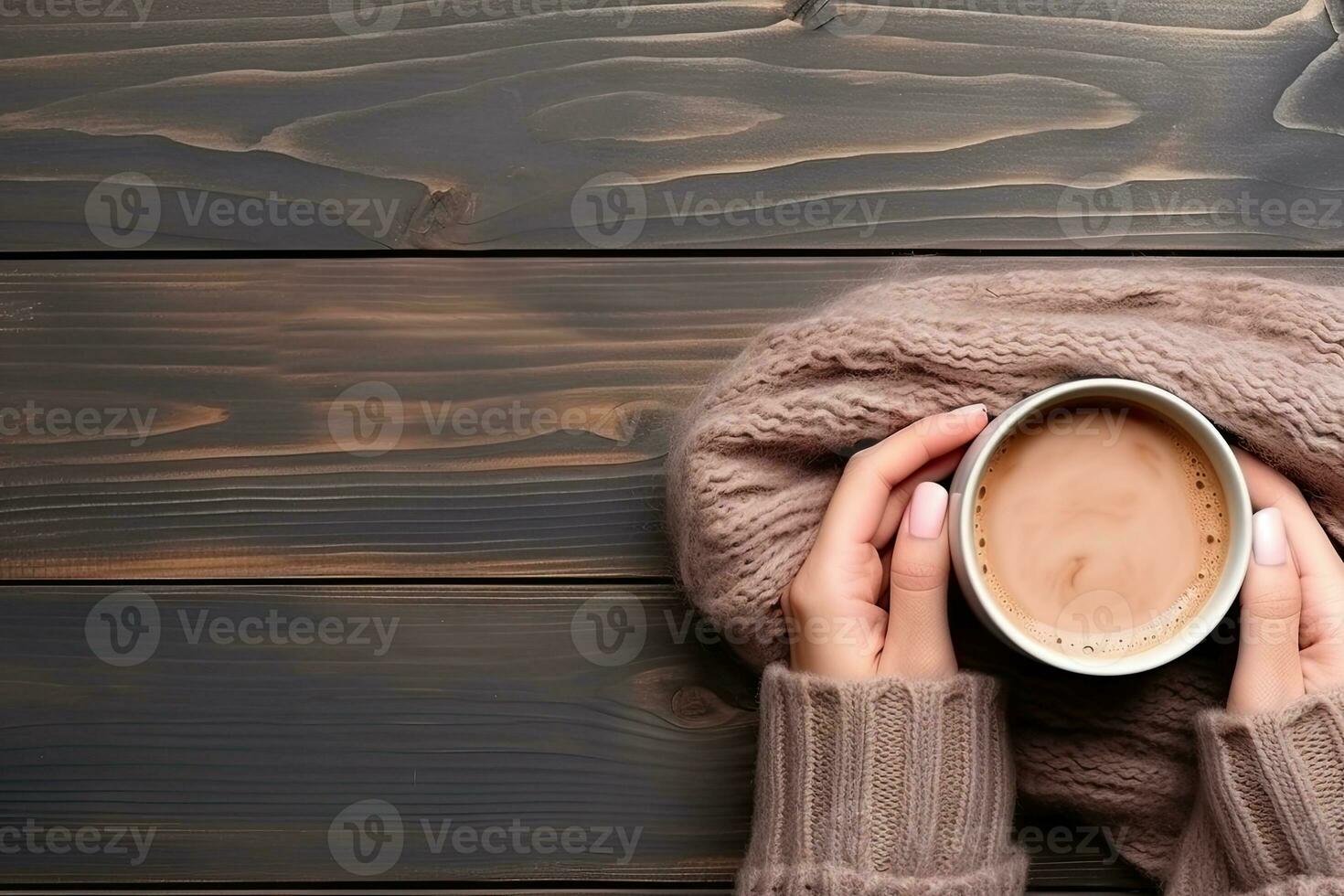 Female hands holding a cup of hot chocolate with cocoa powder on wooden background. Generative AI photo