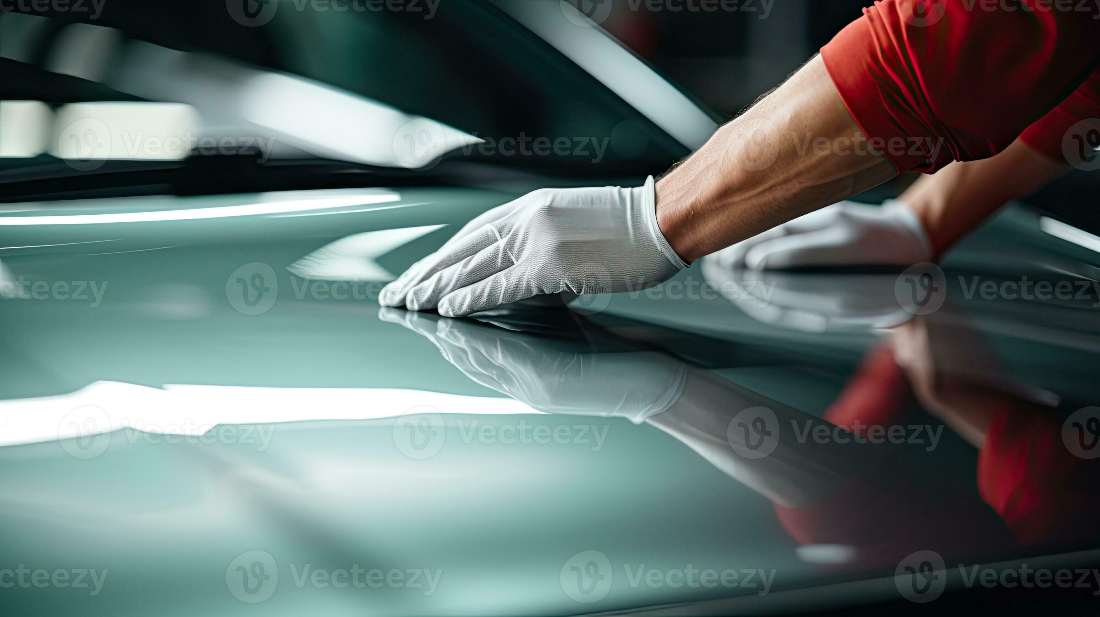 Close up of a auto body mechanic buffing a scratch on sports car. Generative AI 28151820 Stock