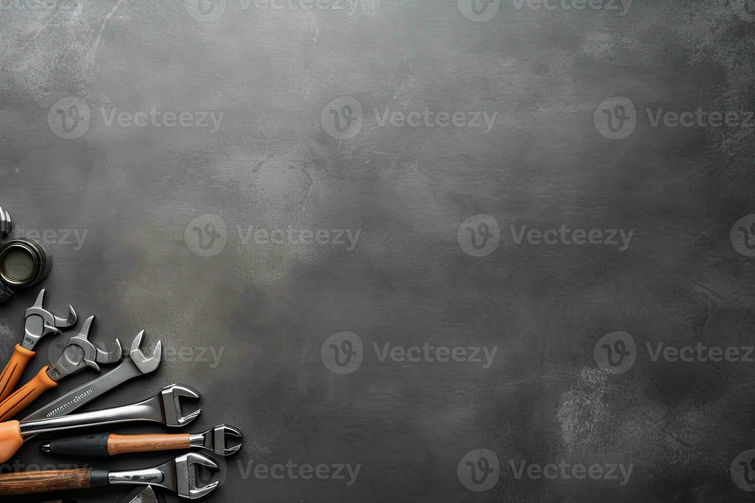 Variety of tools on black background. Top view with copy space. Generative Ai photo