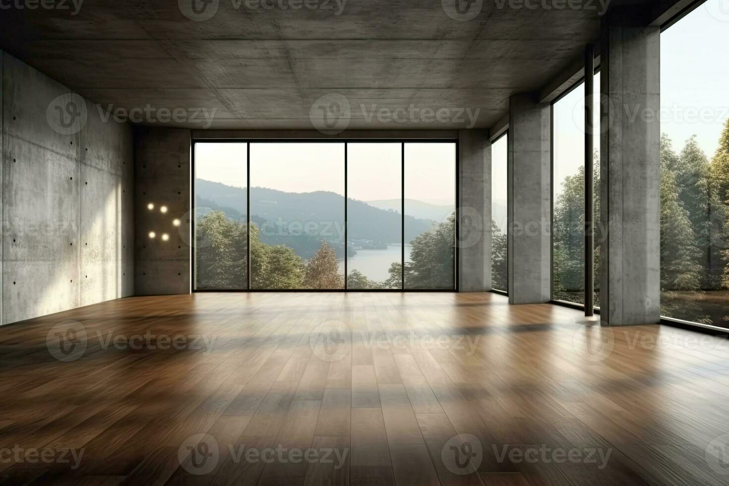 Empty room with panoramic window and mountain view. Generative AI photo