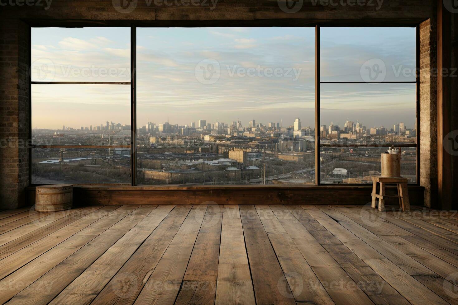Interior of modern loft with wooden floor and panoramic city view. Generative AI photo
