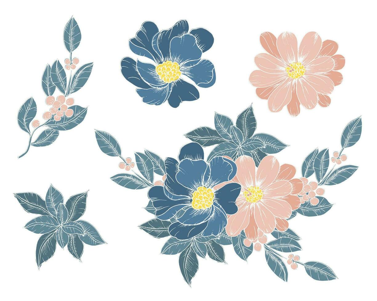 Hand Drawn Anemone and Leaves Flower Element vector