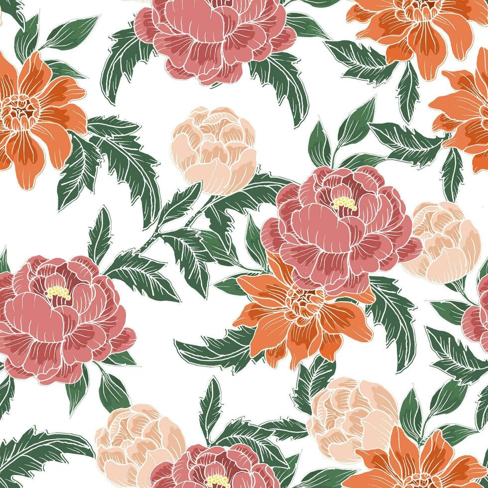 Hand Drawn Batik Rose Flower Seamless Pattern vector