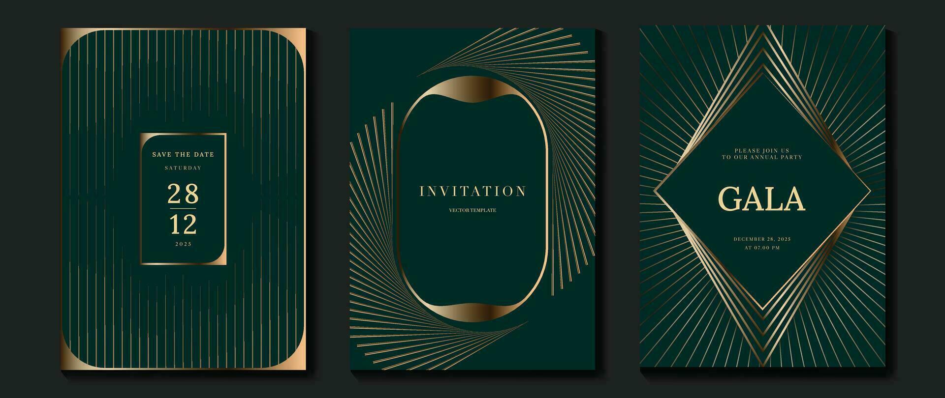 lujo invitación tarjeta antecedentes vector. dorado curva elegante, oro líneas degradado en oscuro verde color antecedentes. prima diseño ilustración para gala tarjeta, grandioso apertura, fiesta invitación, boda. vector