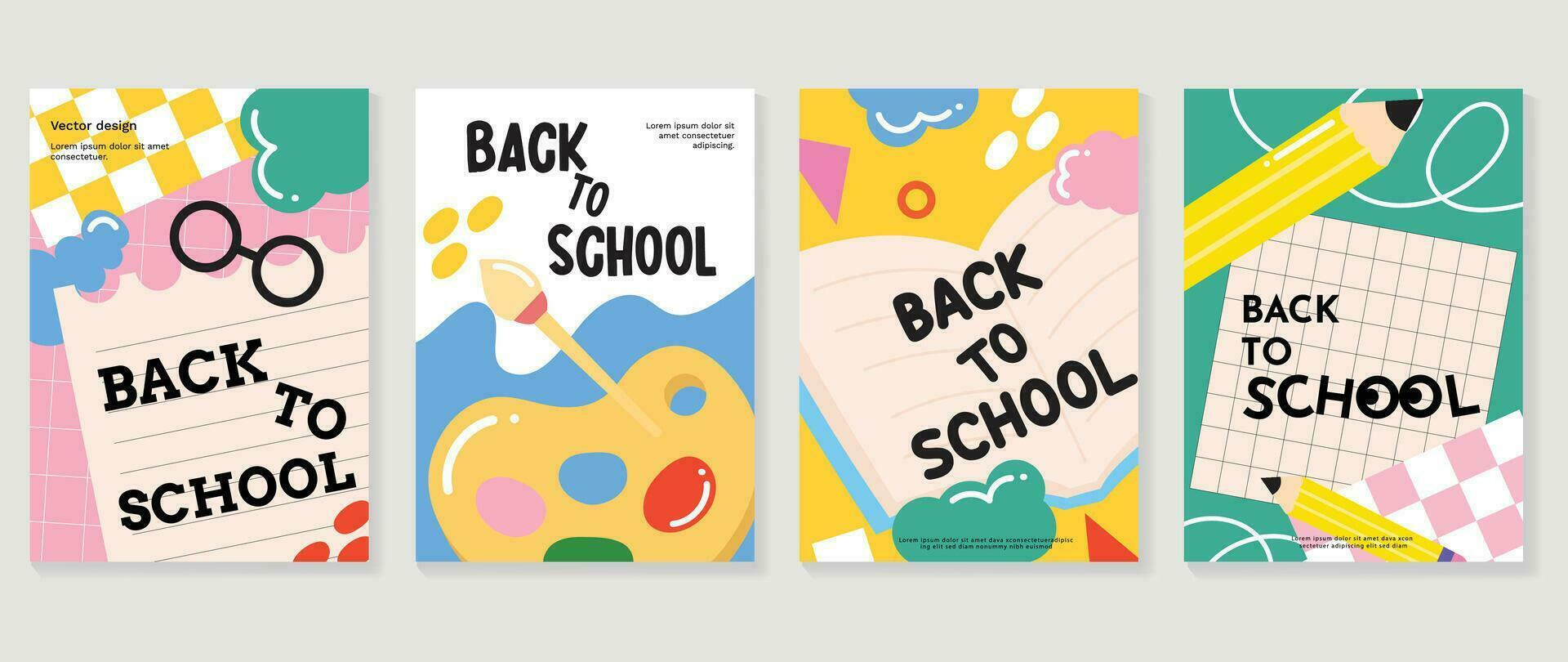 Welcome back to school cover background vector set. Cute childhood illustration with book, pencil, color plate, mathematical symbols. Back to school collection for prints, education, banner.