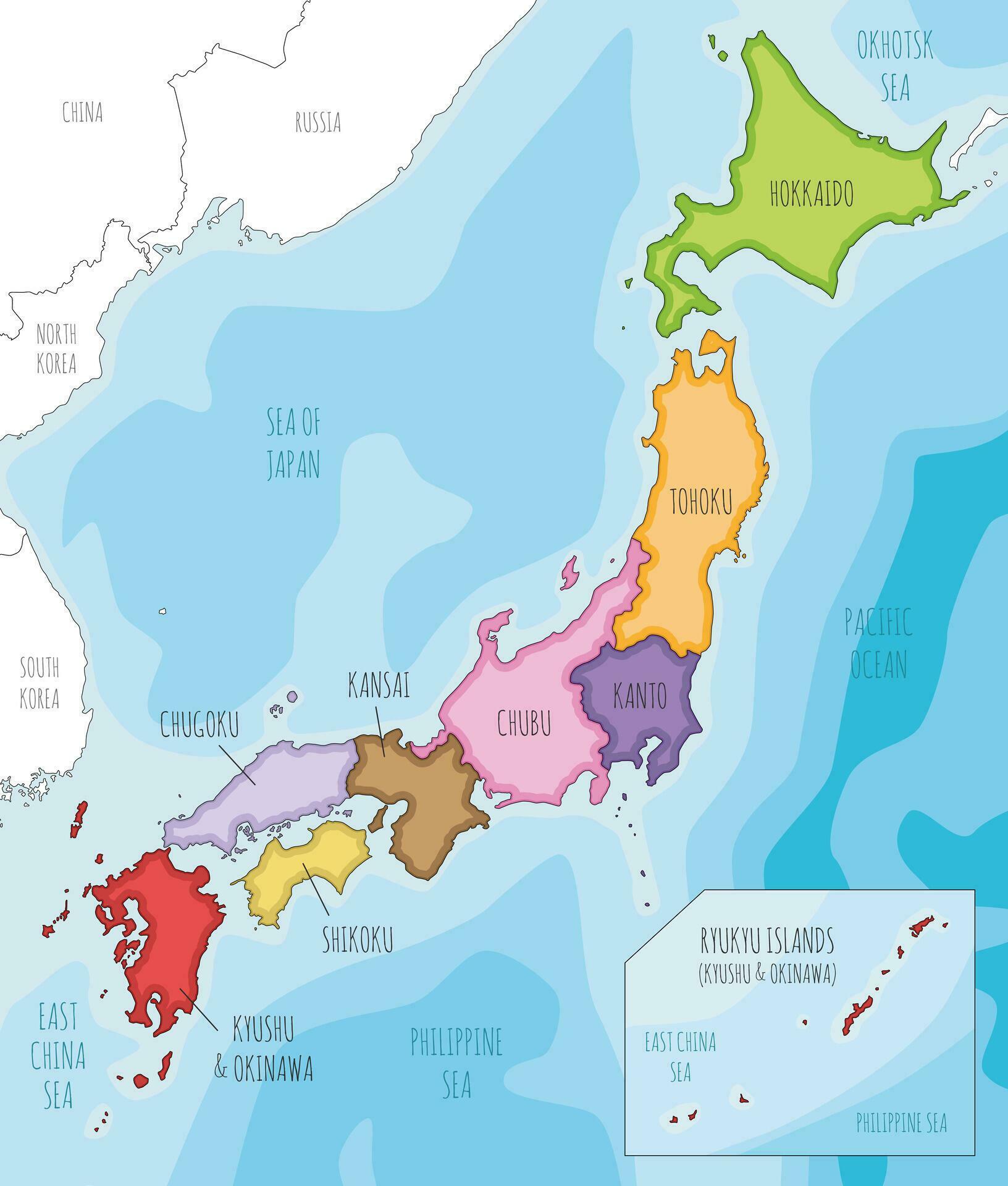 Vector illustrated map of Japan with regions and administrative divisions, and neighbouring