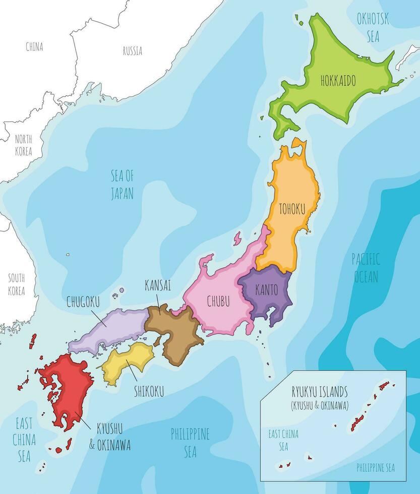 Vector illustrated map of Japan with regions and administrative divisions, and neighbouring countries. Editable and clearly labeled layers.
