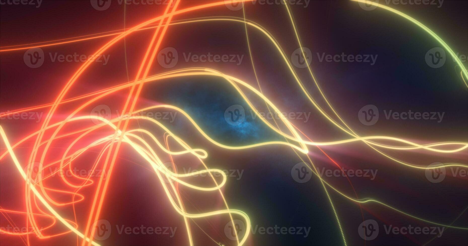 Abstract yellow glowing neon energy laser lines flying on a black background photo